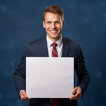AI generated Smiling young businessman holding blank sheet of paper, over blue background photo
