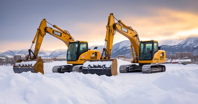 AI generated Snowy excavators on a snow covered construction site photo