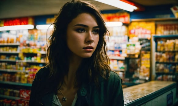 AI generated Beautiful young woman shopping in a grocery store, looking for food. ai generative photo