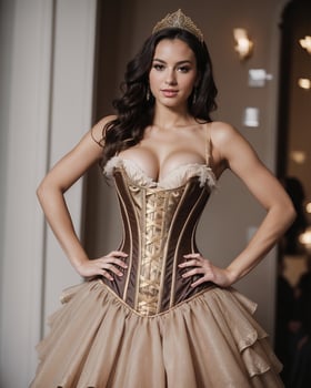 AI generated fashion interior photo of gorgeous sexy woman with dark hair in luxurious lingerie and corset. ai generative