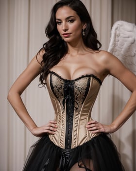 AI generated fashion interior photo of gorgeous sexy woman with dark hair in luxurious lingerie and corset. ai generative