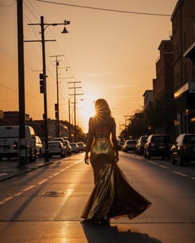 AI generated Beautiful young woman in a long yellow dress walking on the street at sunset. ai generative photo