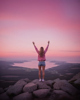 AI generated young woman hiker open arms on top of a mountain at sunrise. ai generative photo