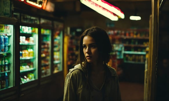 AI generated Beautiful young woman shopping in a grocery store, looking for food. ai generative photo