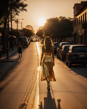 AI generated Beautiful young woman in a long yellow dress walking on the street at sunset. ai generative photo
