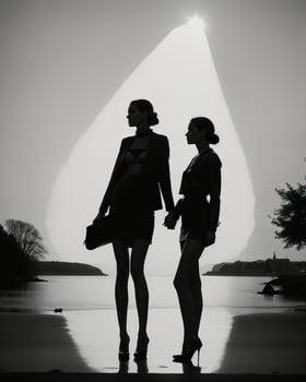 AI generated Silhouette of three women in black and white dresses, studio shot. ai generative photo