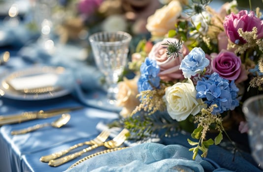 AI generated a blue and gold table setting with flowers photo