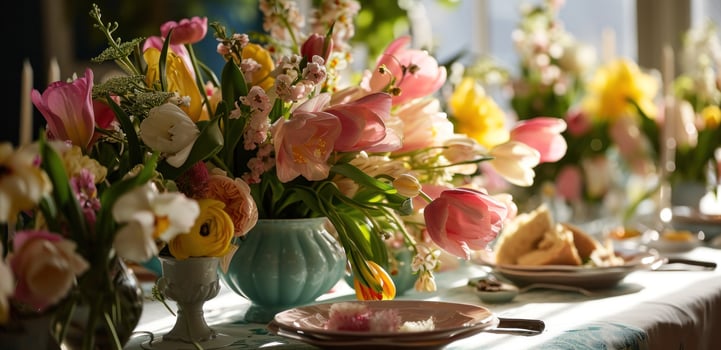 AI generated a table of beautiful flowers filled with pink, yellow and white tulips photo