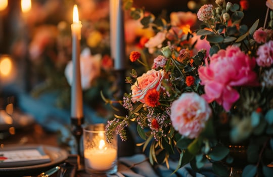 AI generated a table with flowers and candles, wedding decor photo