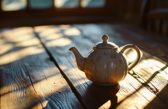 AI generated a white teapot with a satchel of tea on a wooden table photo