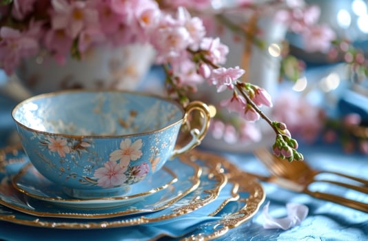 AI generated table setting with blue flowers and gold accents photo