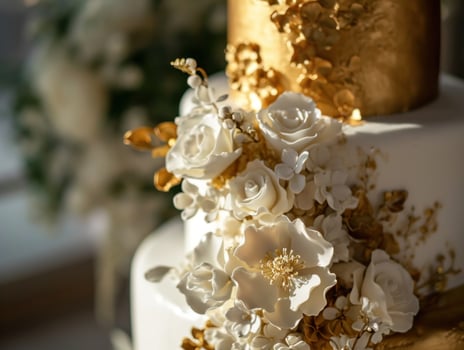 AI generated white and gold wedding cake with decorative flowers photo