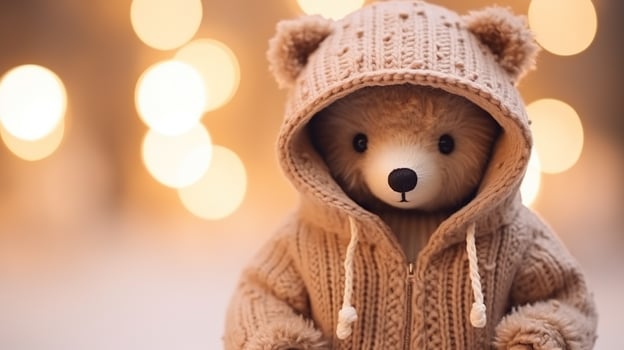 Christmas decor, teddy-bear close-up on blurred background photo