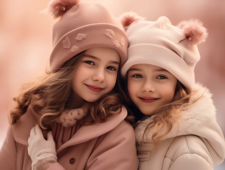 Two beautiful girls smiling in pastel colors on a pink blurred background photo