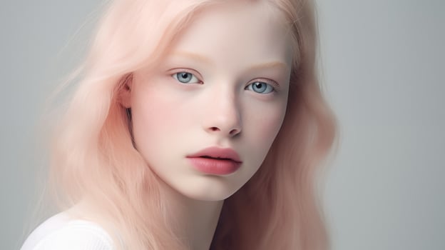 Portrait of beautiful albino teen girl with naive facial expression and plump lips. Natural beauty with glowing healthy skin. Advertising of cosmetics, perfumes photo