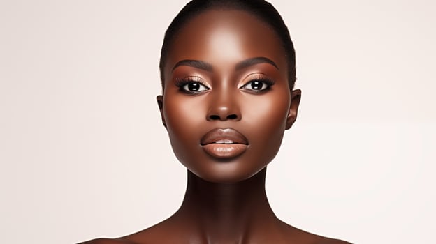 Beautiful young black woman with glowing healthy skin close-up. Advertising of cosmetics, perfumes, copy space photo