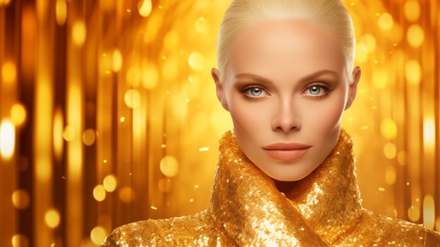 Portrait of gorgeous blonde woman in golden dress on glitter background photo