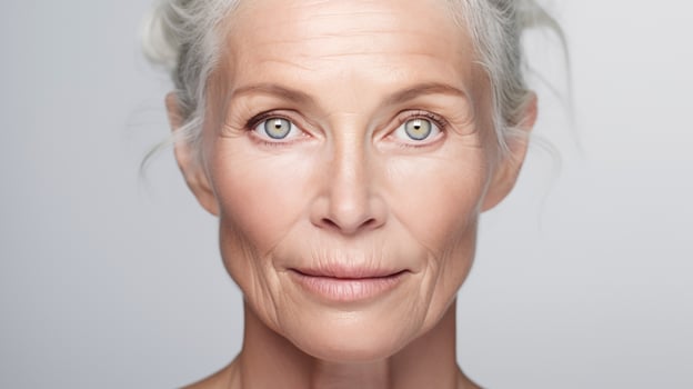 Portrait of senior woman with gray hair, blue eyes and skin details close-up. Advertising of cosmetics, perfumes photo