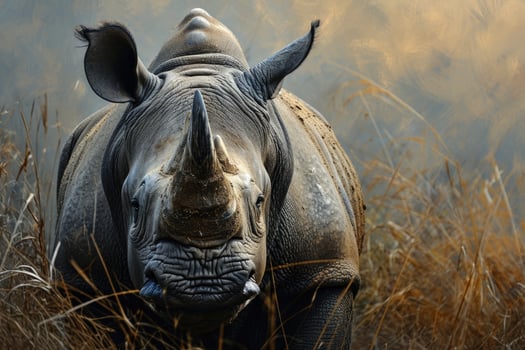 A rhino is walking through tall grass photo