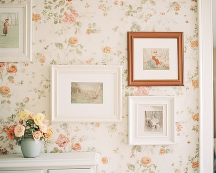 AI generated Nursery gallery wall, home decor and wall art, framed art in the English country cottage interior, room for diy printable artwork mockup and print shop photo