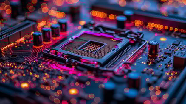 AI generated High-resolution, macro shot of a computer chip, emphasizing intricate circuit details photo