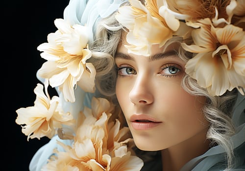 AI generated Woman surrounded by flowers. Serenity and tranquility. Woman's Day. Tradition and culture photo