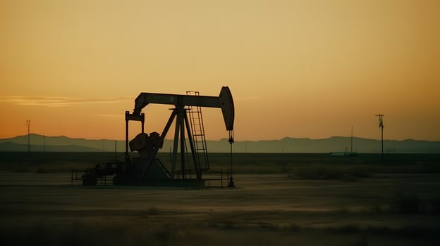 AI generated Photo of crude oil pumpjack rig at sunset. Concept art of oil production or issues of nature protection