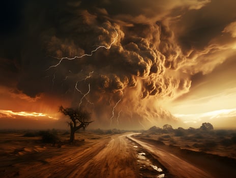 AI generated Stormy Sky with Lightning Strikes in the Desert. Sandstorm Landscape. Generative Ai photo