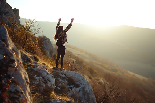 AI generated Young woman tourist celebrating the top of the mountain photo