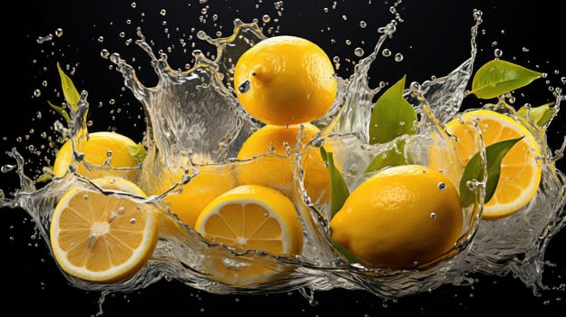 AI generated Closeup fresh yellow lemon splashed with water on black and blurred background photo