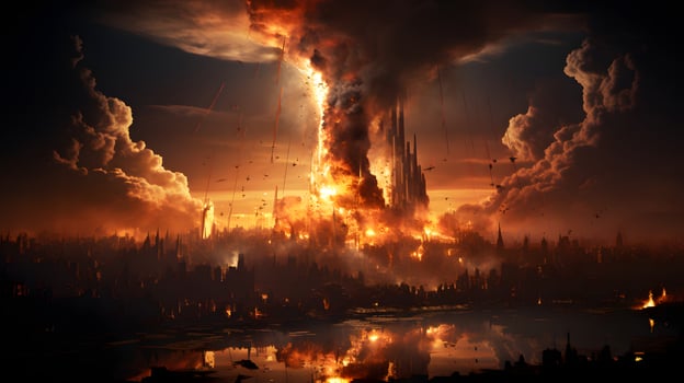 AI generated City Burns After Missile Explodes During War. Doomsday Disaster. Generative Ai photo