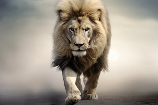 AI generated close up Large lion walking towards forest camera. generative AI photo
