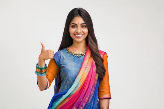 AI generated Happy Young Indian Woman point finger at blank space photo