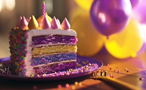 AI generated a colorful birthday cake sitting next to balloons photo