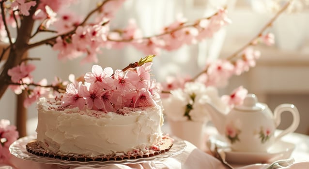 AI generated beautiful pink flowers are shown behind the cake and teapot photo