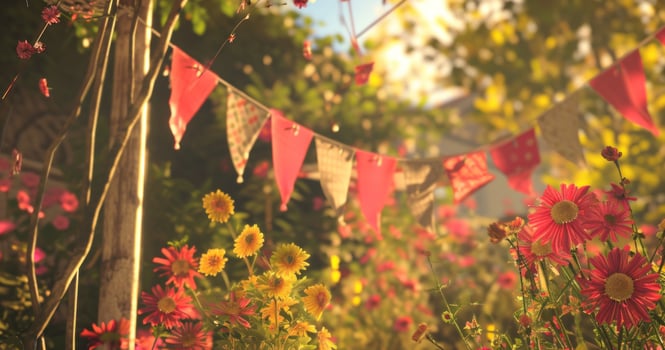 AI generated bright flowers on buntings in the garden photo