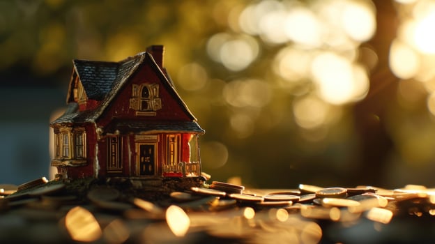 AI generated coins stack on the ground with a house on top of them photo