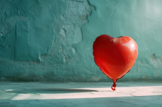 AI generated red heart balloon in front of a blue room photo