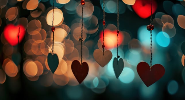AI generated small pictures of hearts hanging on the strings photo