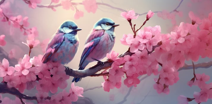 AI generated two birds are seated on a pink blossom branch photo