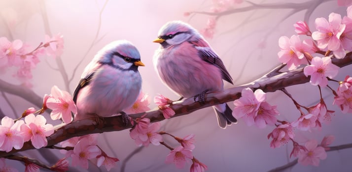 AI generated two birds are seated on a pink blossom branch photo
