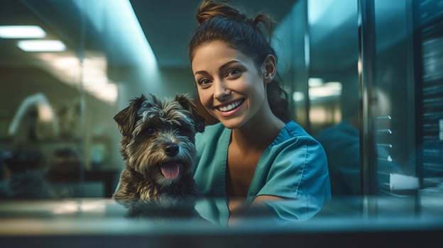 AI generated Young vet girl shares joyful moment with playful dog in clinic symbolizes importance of pet checkups photo