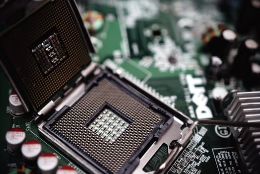 Comptuer processor and motherboard, microchip details close view. Hi-tech innovation background photo