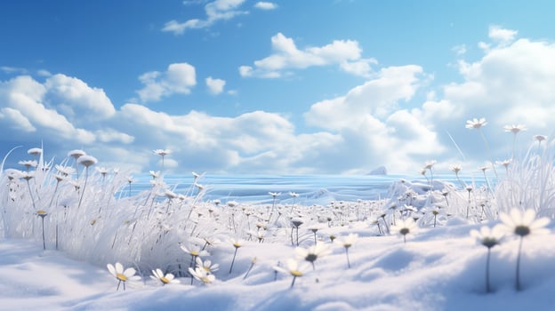 AI generated Snow-Kissed Daisy Field in Winter - AI Generated photo