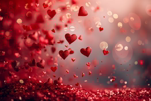 AI generated red color background surrounded by romantic atmosphere of floating Red heart shaped cutout papers photo