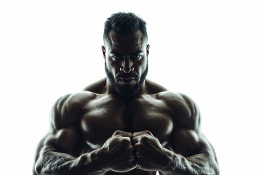 AI generated A silhouette of muscular man with a bare chest stands in front of a white background, exhibiting a fierce expression. photo