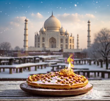 AI generated Traditional belgian waffles with sugar powder on a wooden plate on the background of the Taj Mahal photo