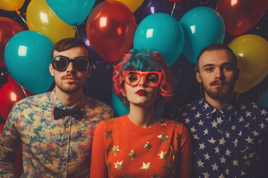 AI generated people in colorful wigs dressed for party with balloons and confetti. generative ai photo