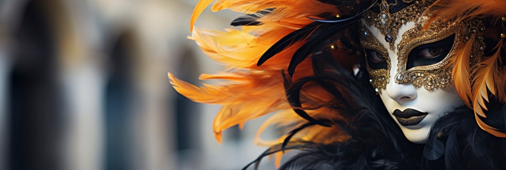 AI generated a woman in a mask and feathers at Venice. generative ai photo