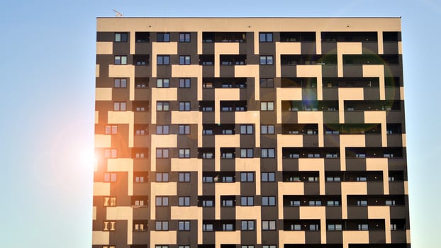 Residential area with modern apartment building. Facade of a modern apartment building. photo